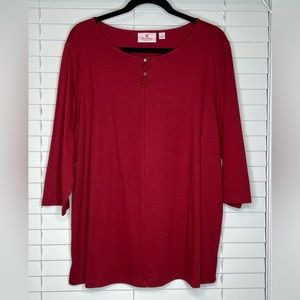 Quacker Factory 3/4 sleeve top with double keyhole neckline & stone accents